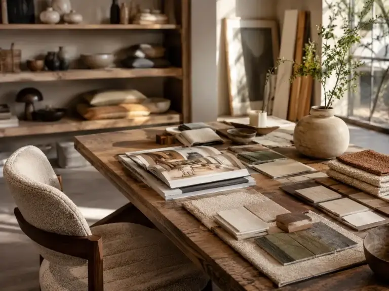 Sfeervolle interieurstudio met houten tafel, materiaalstalen, woonaccessoires en inspiratie voor meubels en wonen.