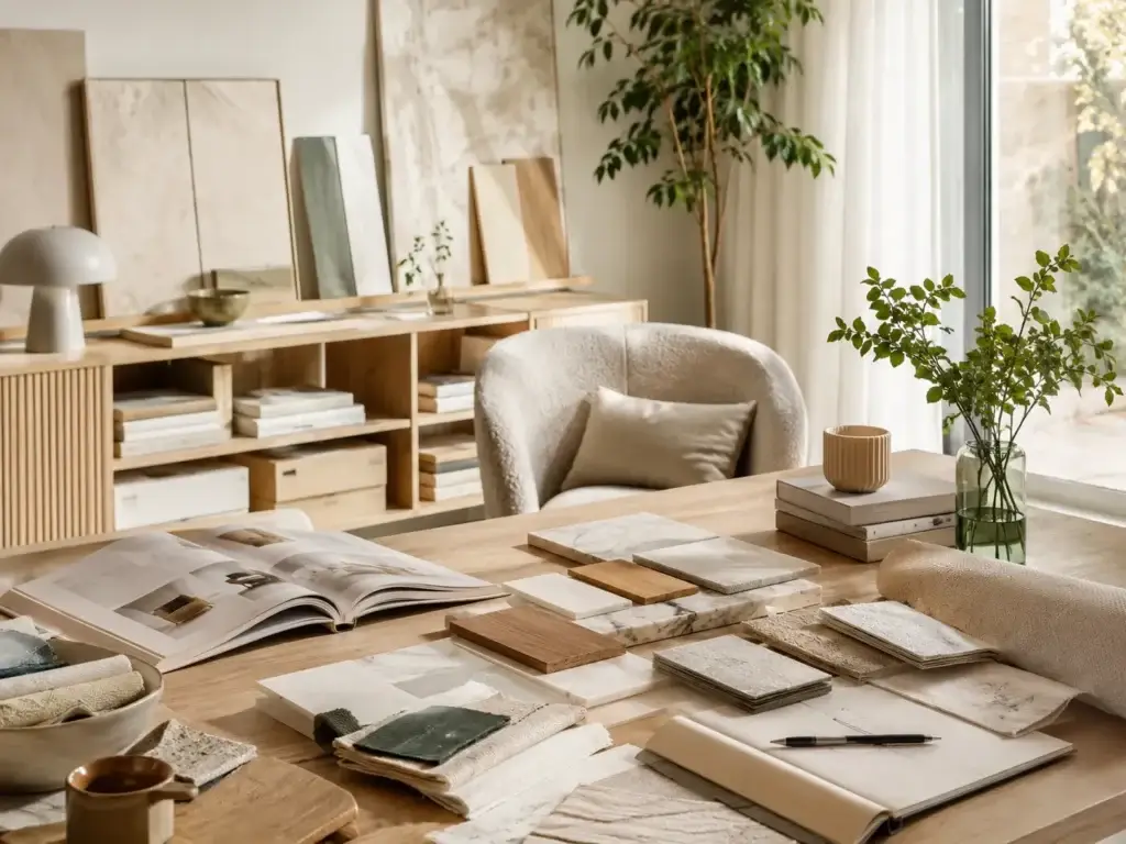 Interieurwerkplek met hout-, steen- en stofstalen voor het samenstellen van een modern wooninterieur.