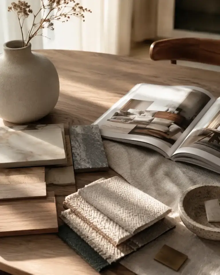 Interieurmaterialen met hout-, steen- en stofstalen naast een woonmagazine op een houten tafel.