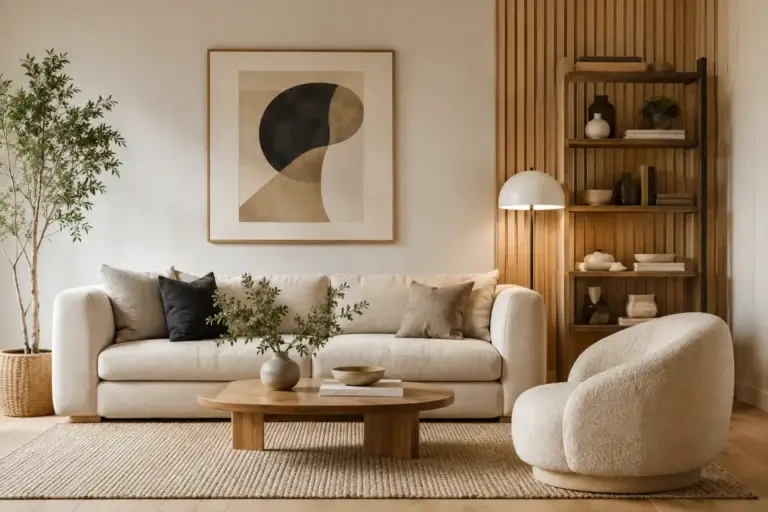 Lichte minimalistische woonkamer met beige bank, houten wandplanken, ronde fauteuil en stijlvolle woondecoratie.