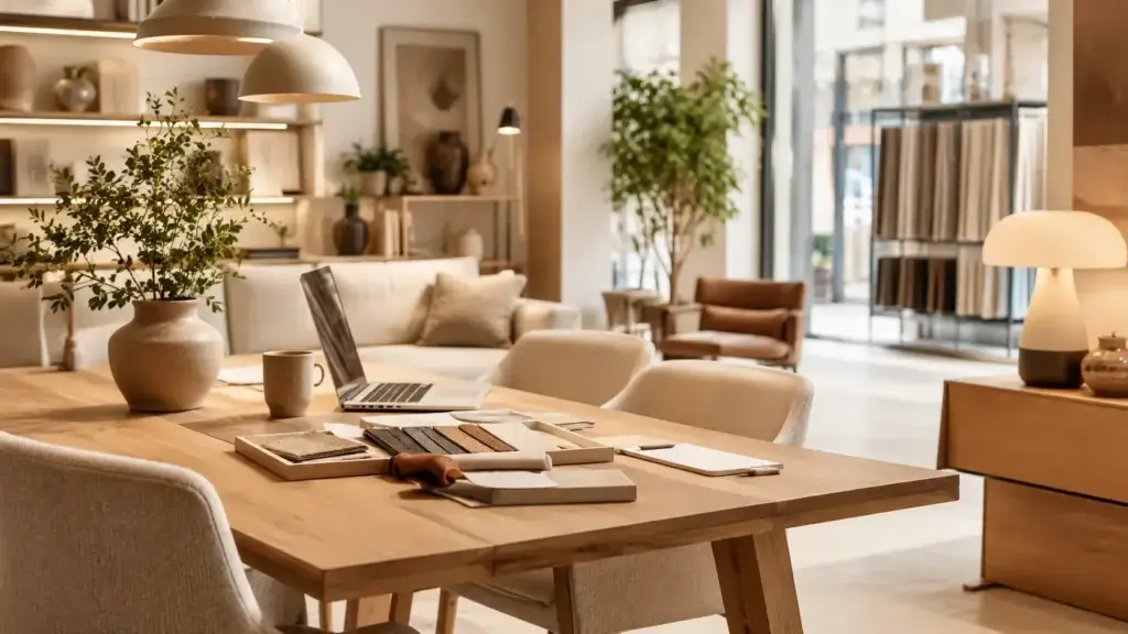 Moderne interieurstudio met houten tafel, laptop, materiaalstalen en meubels in warme neutrale tinten.