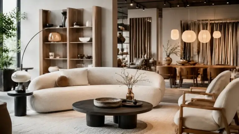 Warme meubelshowroom met moderne bank, houten stoelen, stijlvolle verlichting en interieurinspiratie voor wonen.