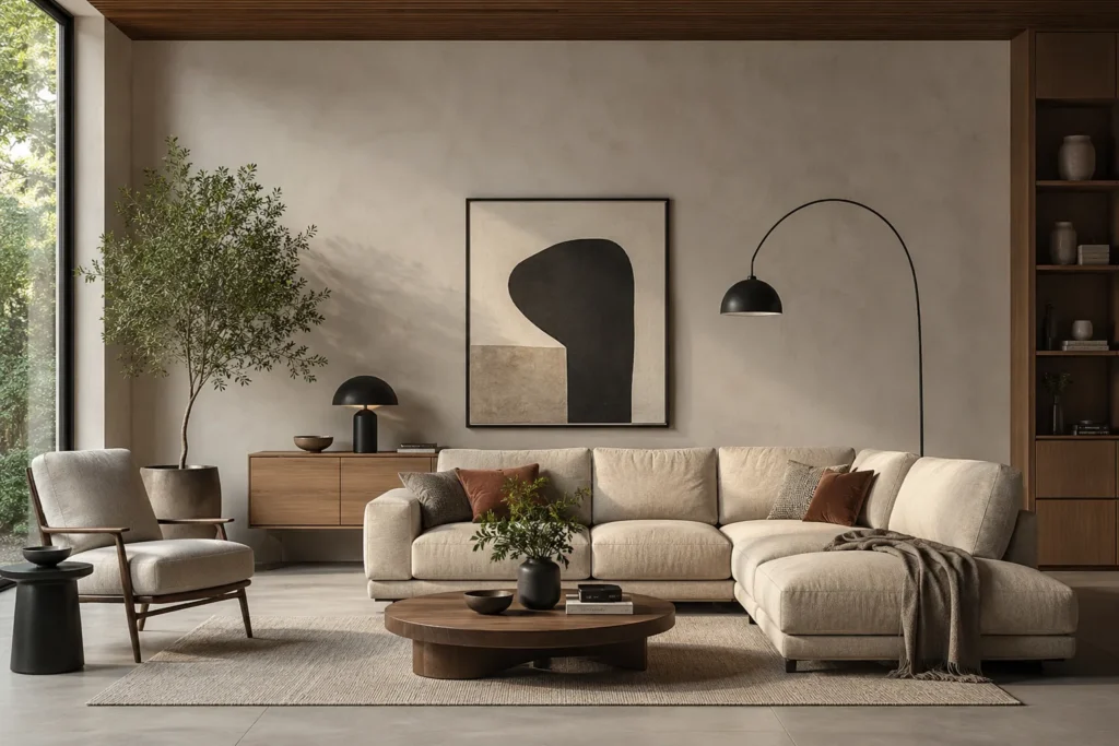 Moderne woonkamer met beige hoekbank, houten meubels, ronde salontafel en warme neutrale interieurdecoratie.