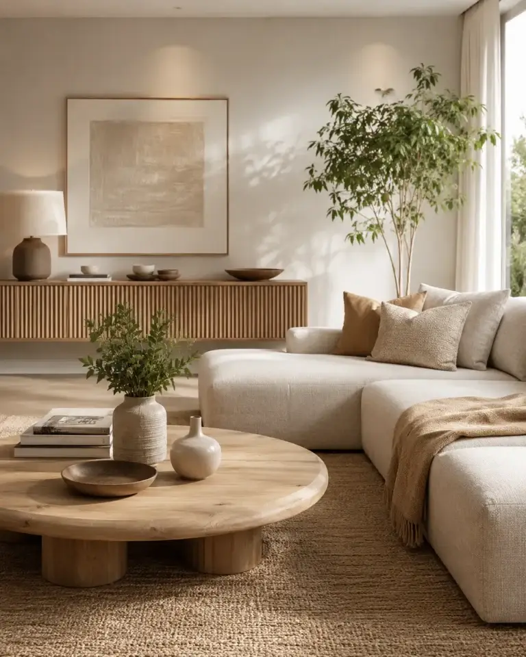 Lichte moderne woonkamer met beige hoekbank, houten salontafel, dressoir en natuurlijke woonaccessoires.