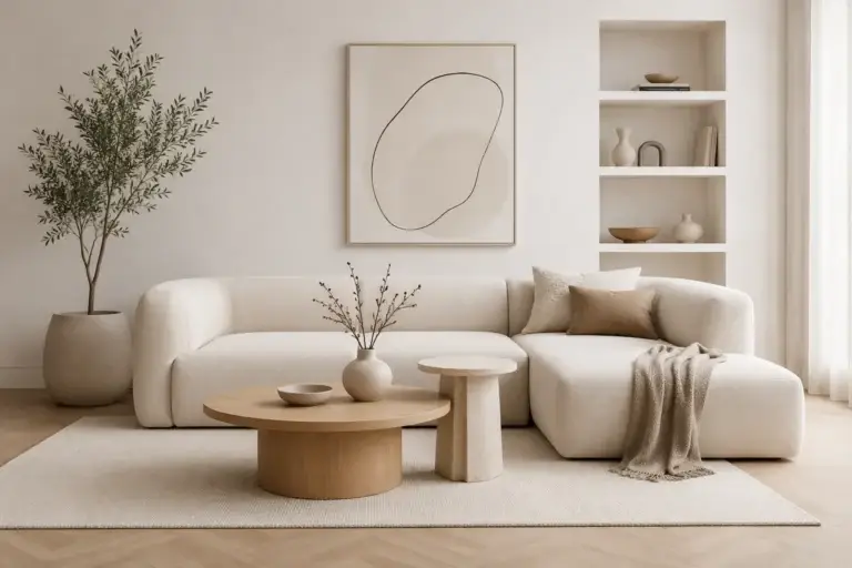 Rustige moderne woonkamer met crèmekleurige hoekbank, lichte houten tafel, wandkunst en minimalistische woonaccessoires.