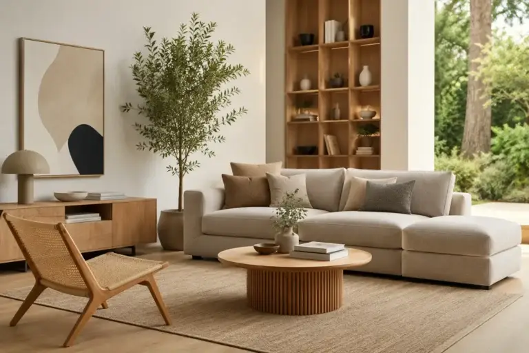 Scandinavische woonkamer met ruime beige bank, houten salontafel, designstoel en grote ramen met tuinzicht.