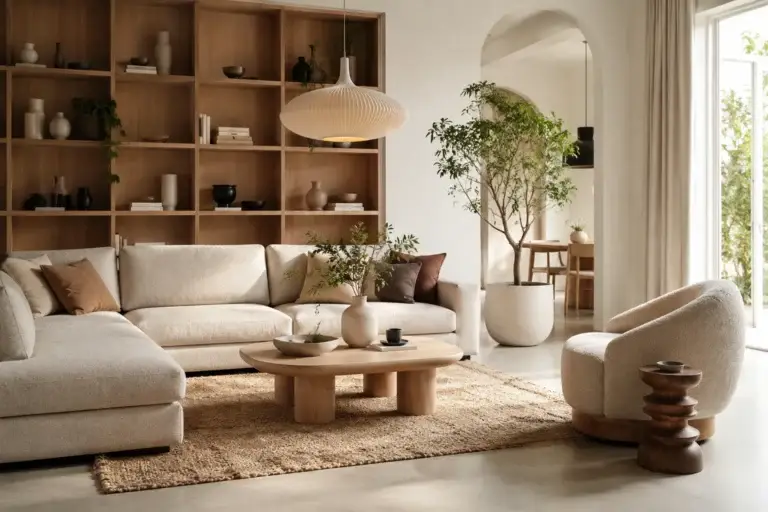 Sfeervolle woonkamer met beige zithoek, ingebouwde houten kast, ronde salontafel en open doorgang naar eetkamer.