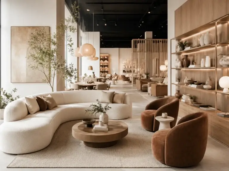 Stijlvolle meubelshowroom met moderne zithoek, houten kasten, warme verlichting en interieurinspiratie.