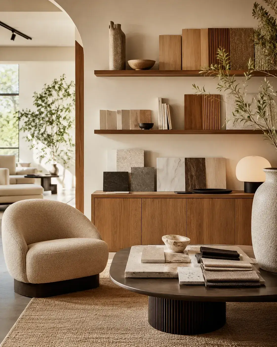 Stijlvolle woonruimte met houten meubels, fauteuil, materiaalstalen en warme natuurlijke interieurkleuren.
